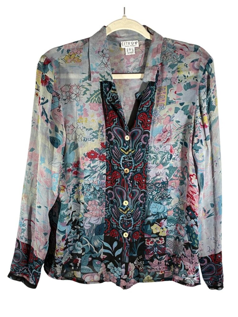 Citron Santa Monica Silk Floral Patchwork Button-Down Blouse S art to wear artsy